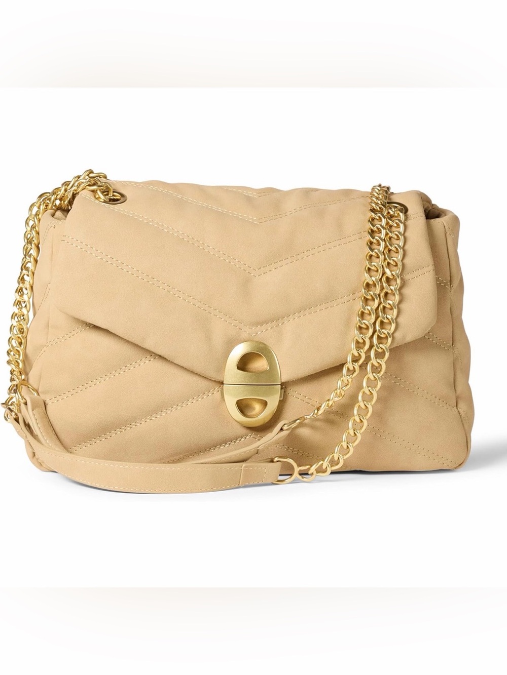 Amazon Essentials Tan Quilted Faux Suede Flap Shoulder Bag with Gold Chain